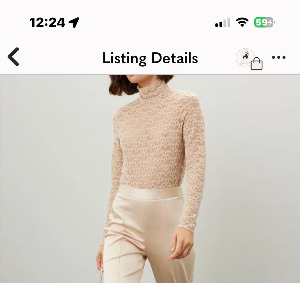 Line & Dot Top Womens Large Tan Yellow Crossroads Lace Top Mock Neck Sheer.